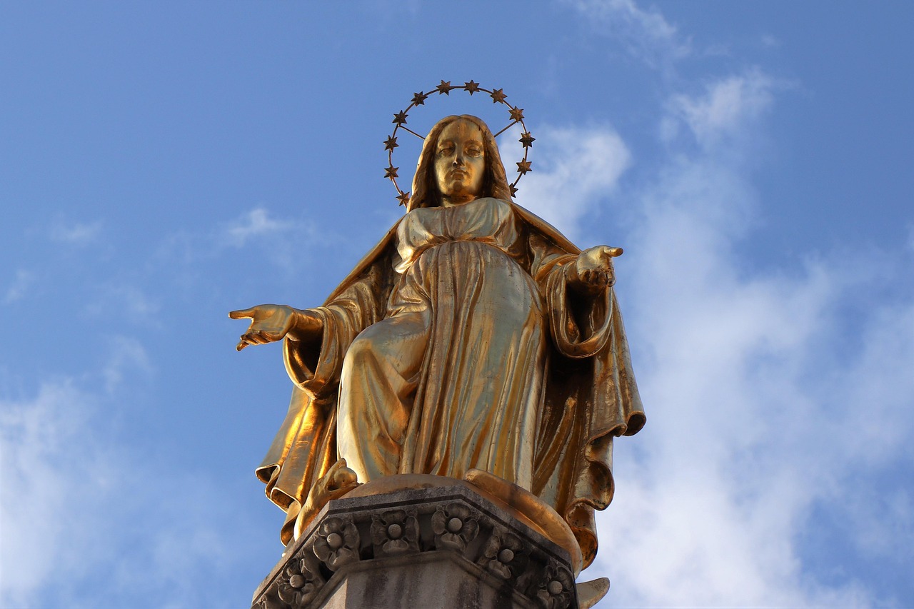 golden statue, virgin mary statue, christianity, faith, religion